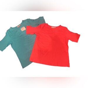 Set of Two Quacker Factory Turquoise & Coral Cold Shoulder Rhinestone TShirts